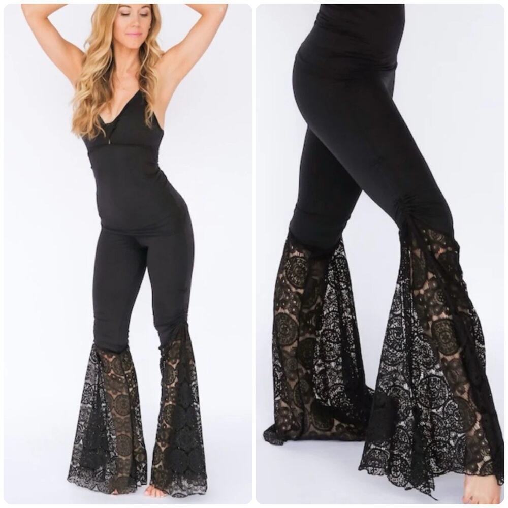 MIA BRAZILIA Kaneta Black Lace Bell Bottom Flare Leggings Dance Festival Boho XS